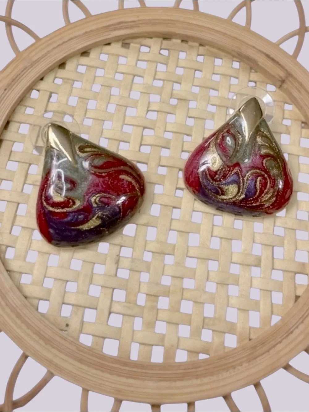 Vtg Made in USA Enamel Teardrop Earrings Red Purple Gold Abstract Swirl Studs